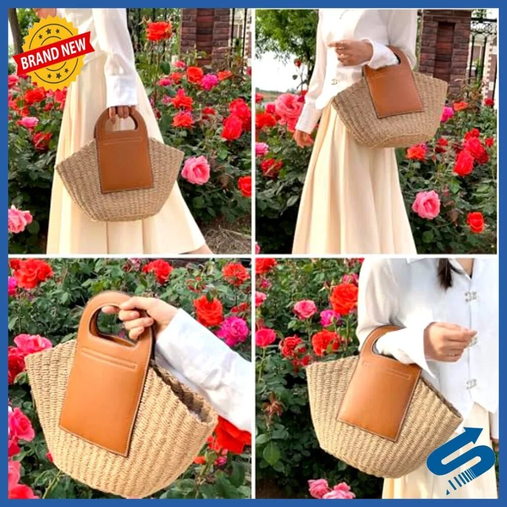 Handmade Straw Tote Bag Large Capacity Leather Stitching Boho Beach Travel Bag